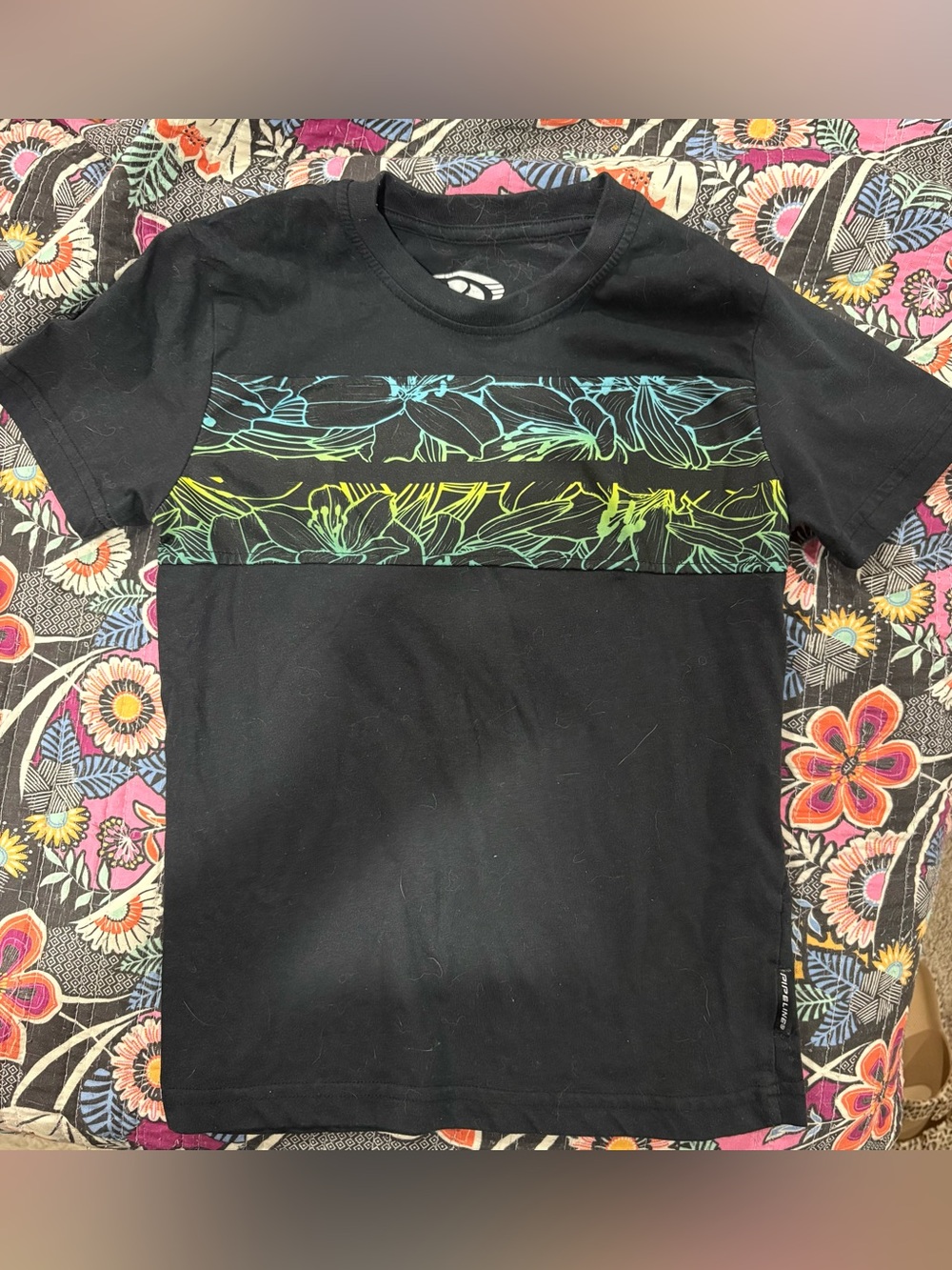 Pipeline Kids' Black Short-Sleeve Tee with Blue & Yellow Floral Stripes